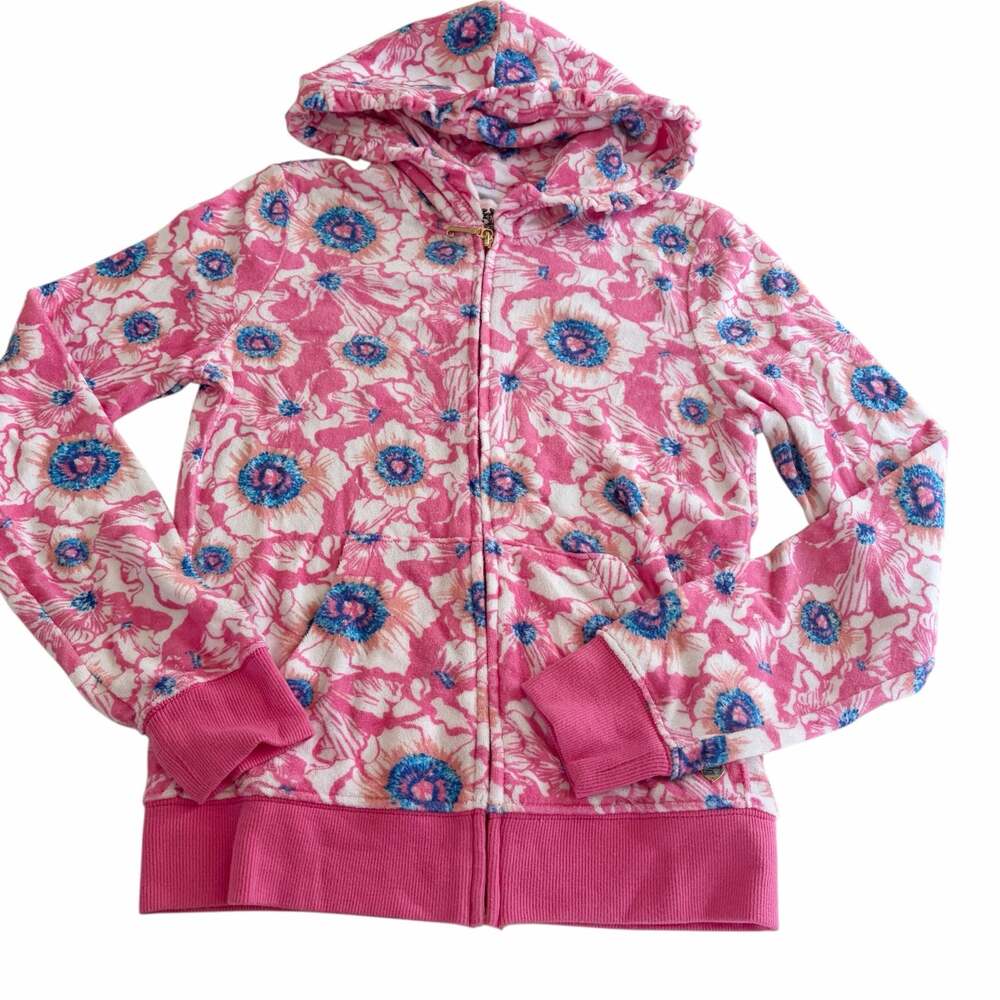 Juicy Couture Girls 10 Terry Zip Up Hoodie Track Jacket Pink Blue Floral Y2K